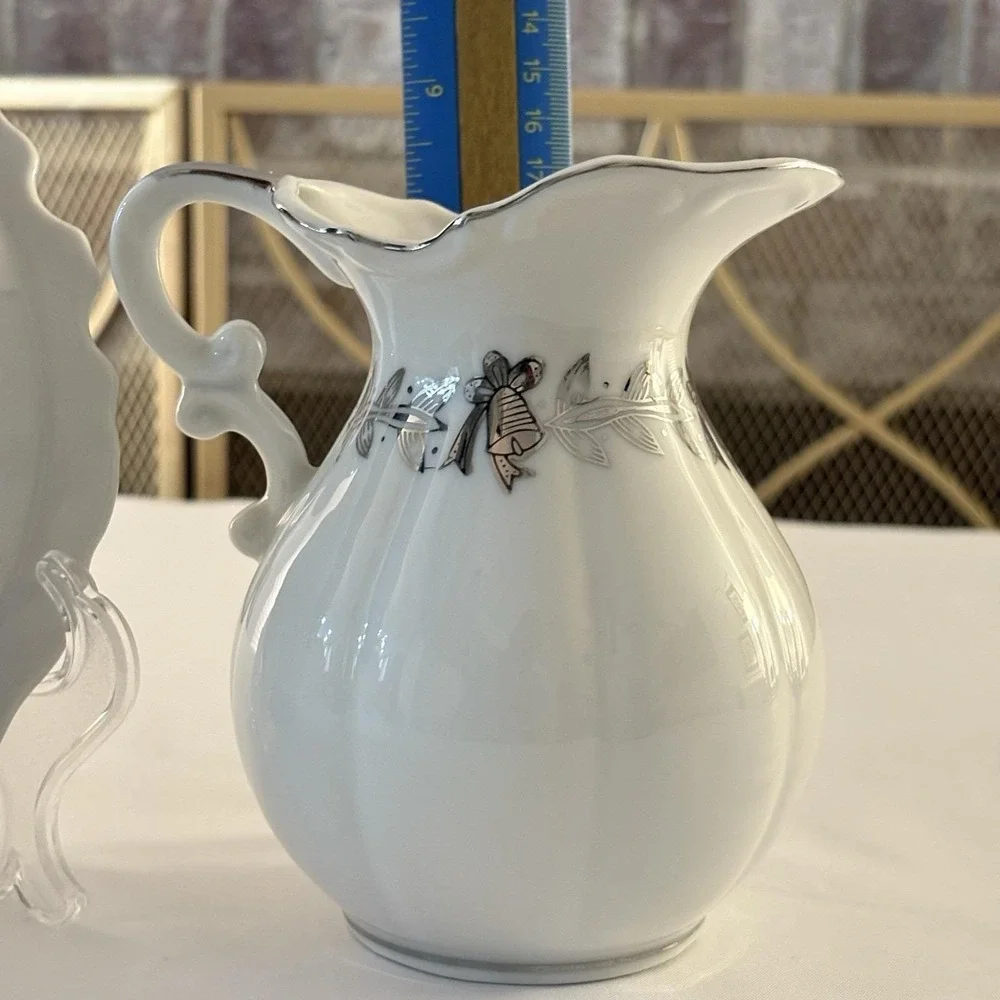 Vintage Lefton 25th Anniversary Pitcher &‎ Liner Bowl Silver White Porcelain MCM